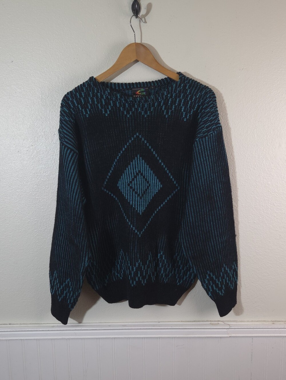 Vintage 80s 90s Spettro Sweater Womens L Black Turquoise Geometric Knit